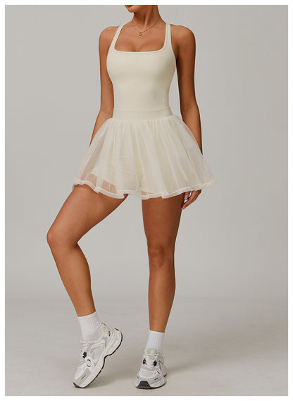 Padded knitted dress with mesh