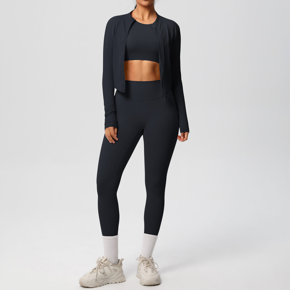 Skinny Yoga Pants High Waist Nude Feel Sports Zip Long Sleeve Coat Workout Clothes Yoga Three Piece Set