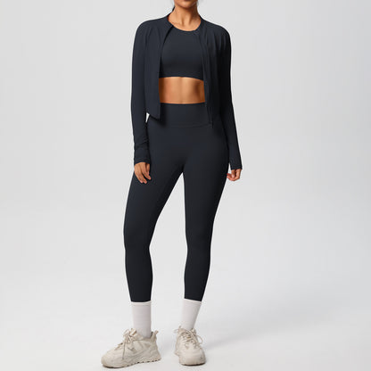Skinny Yoga Pants High Waist Nude Feel Sports Zip Long Sleeve Coat Workout Clothes Yoga Three Piece Set