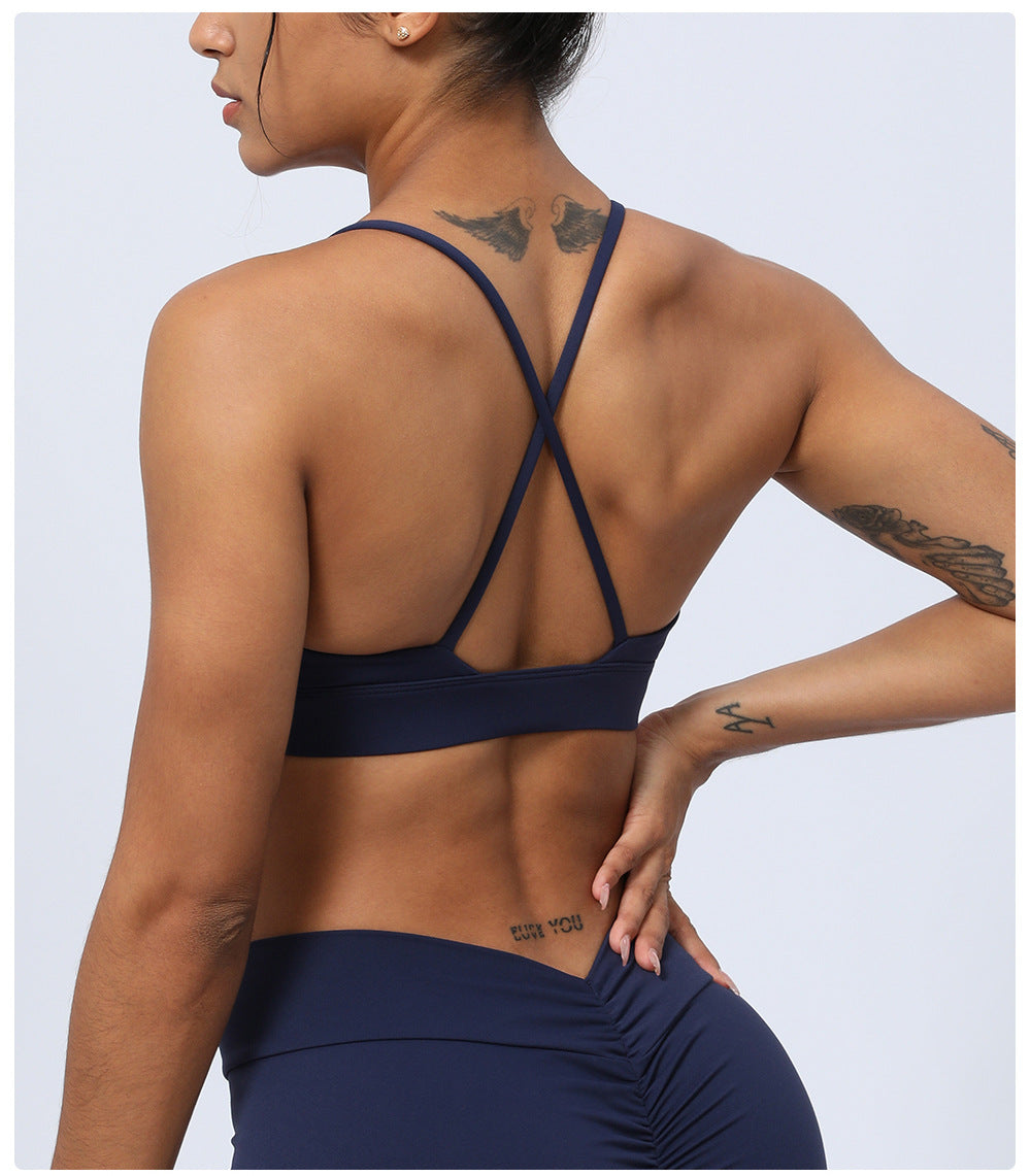 V neck cross back sports bra