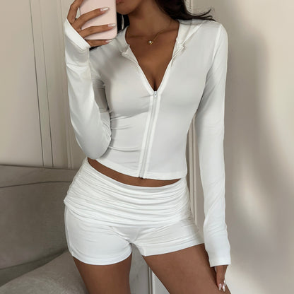 Women Clothing Autumn Sports Long Sleeve Zipper Coat Shorts Set