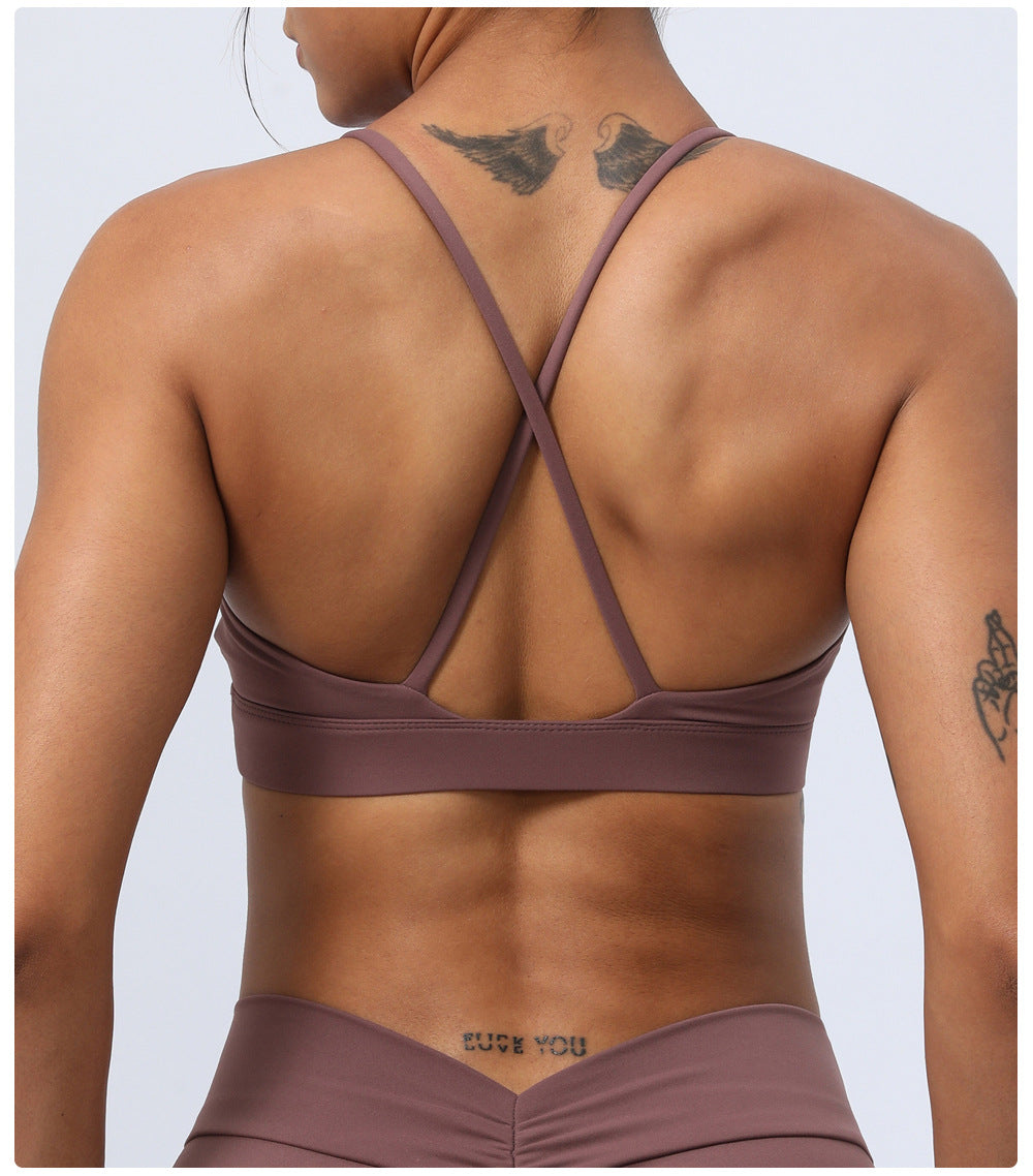 V neck cross back sports bra