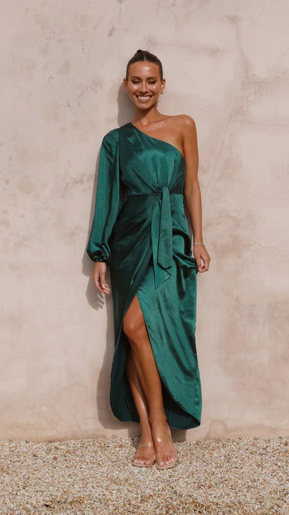 One shoulder satin maxi dress