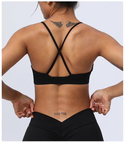 V neck cross back sports bra
