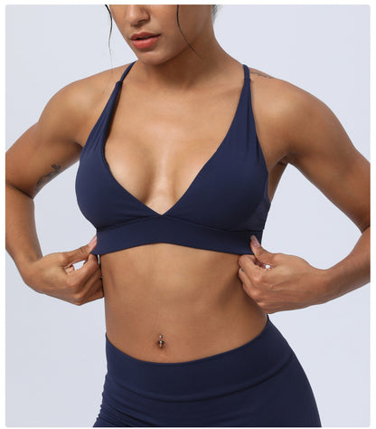 V neck cross back sports bra