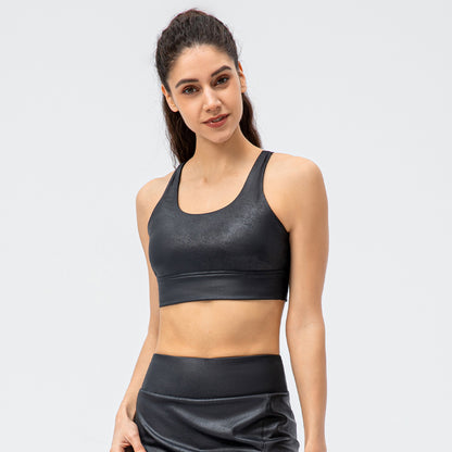 Leather look cross back sports bra