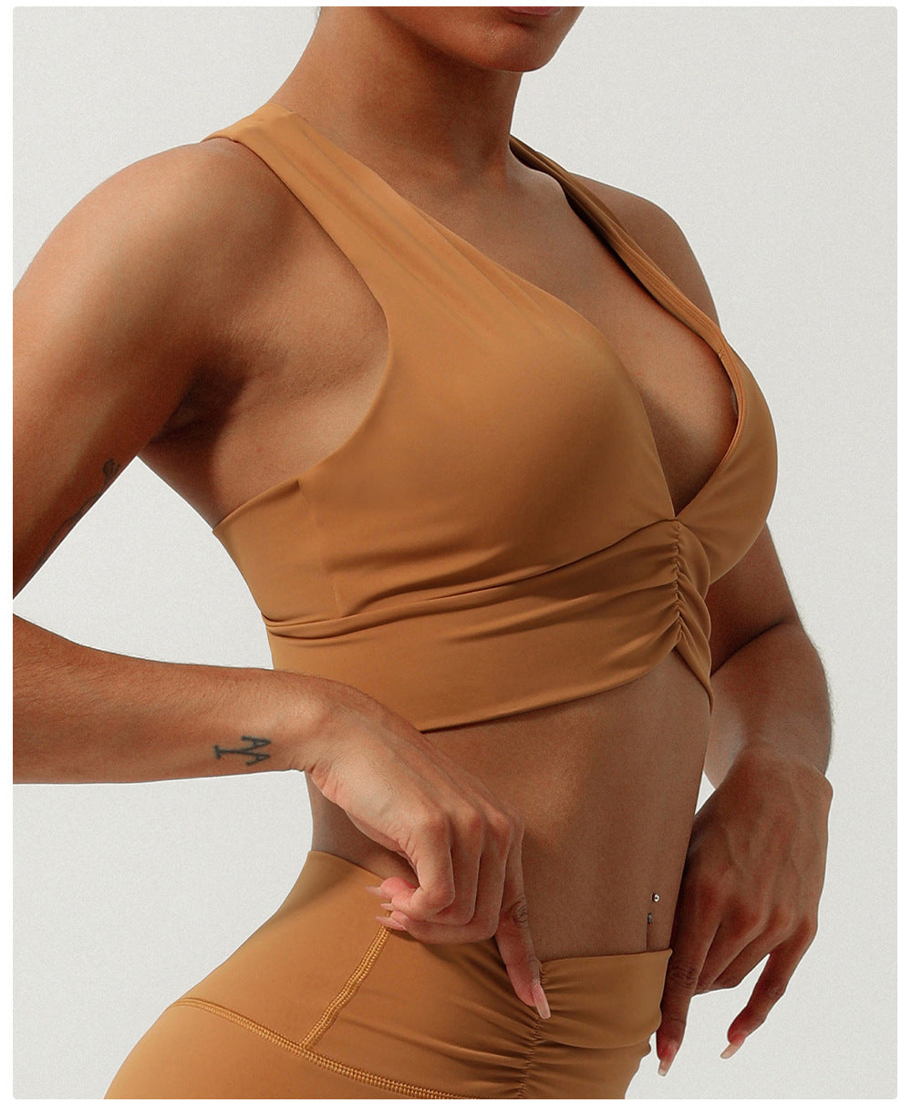 Gathered V neck sports bra