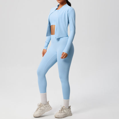 Skinny Yoga Pants High Waist Nude Feel Sports Zip Long Sleeve Coat Workout Clothes Yoga Three Piece Set