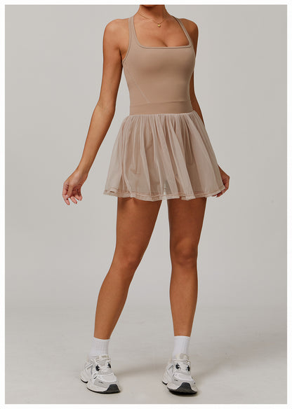Padded knitted dress with mesh