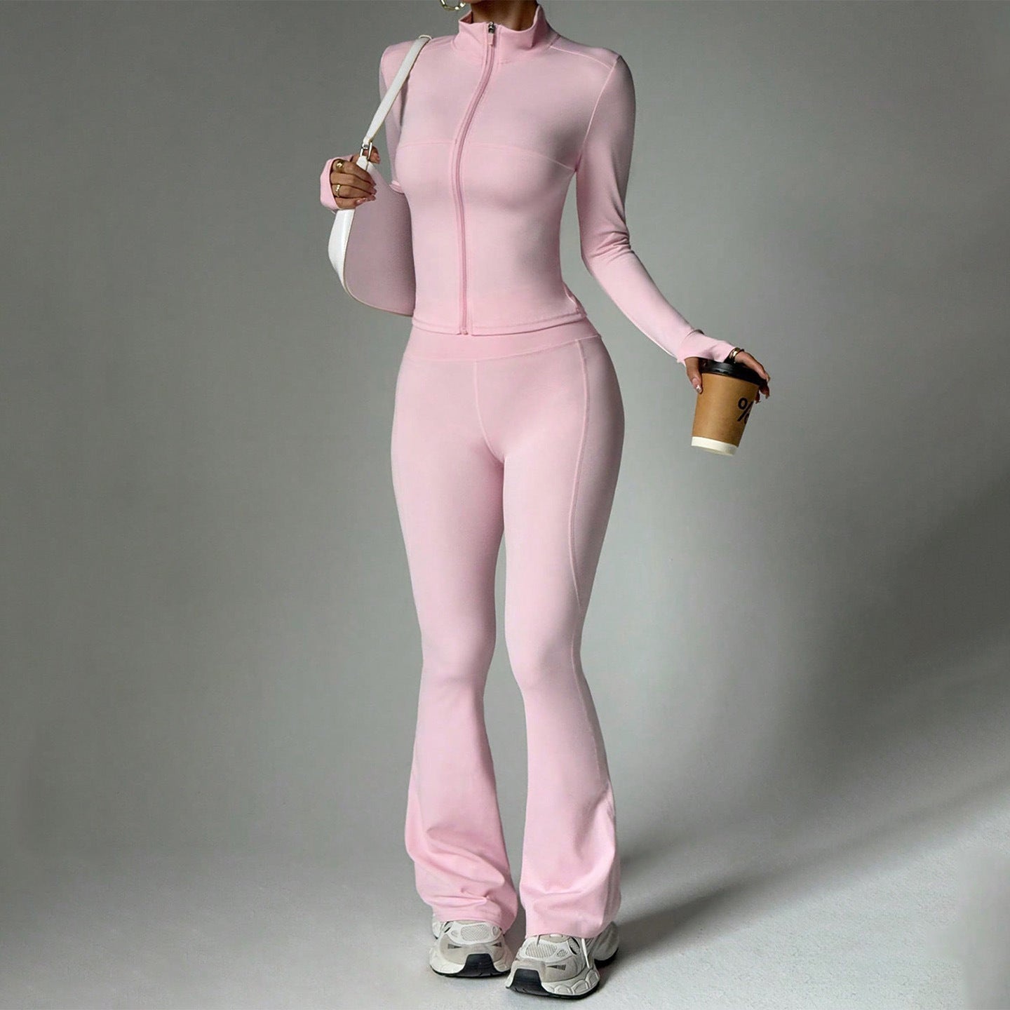 Popular Autumn Winter Zipper Long-Sleeved Trousers Bell Bottom Pants Yoga Two Piece Sets Nude Feel Fitness Exercise Yoga Clothes The size is a bit small