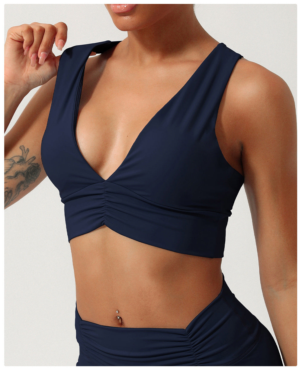 Gathered V neck sports bra