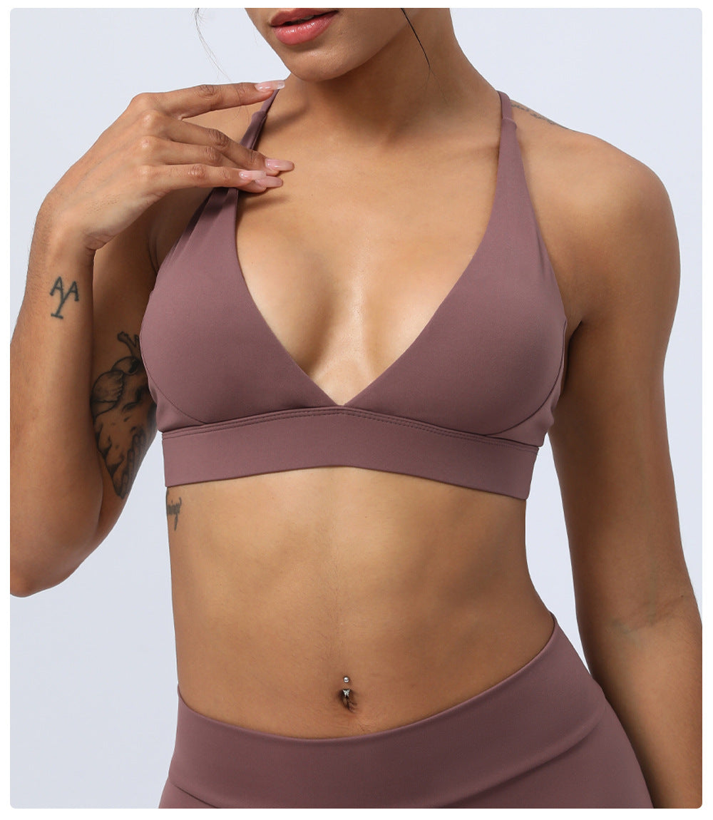 V neck cross back sports bra