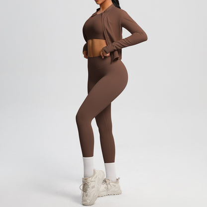 Skinny Yoga Pants High Waist Nude Feel Sports Zip Long Sleeve Coat Workout Clothes Yoga Three Piece Set