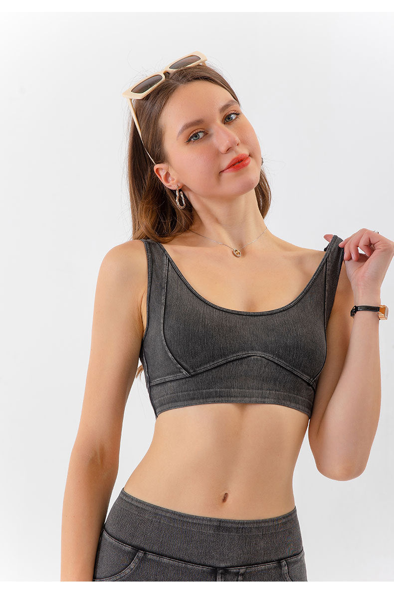 Denim look high support sports bra