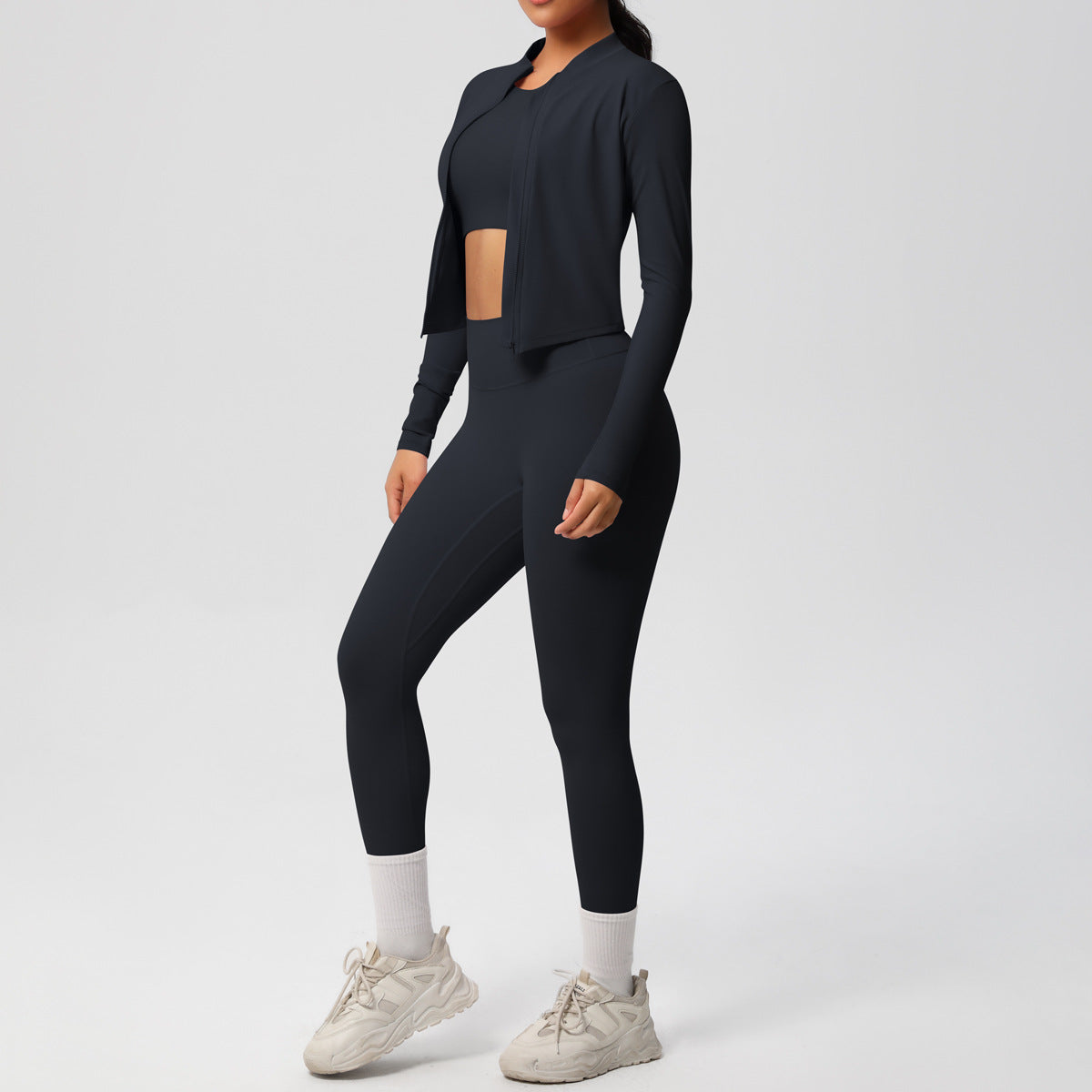 Skinny Yoga Pants High Waist Nude Feel Sports Zip Long Sleeve Coat Workout Clothes Yoga Three Piece Set