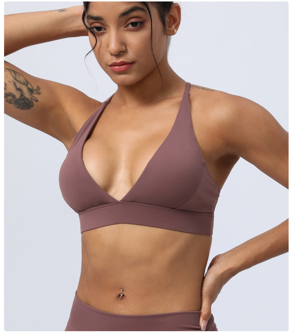 V neck cross back sports bra