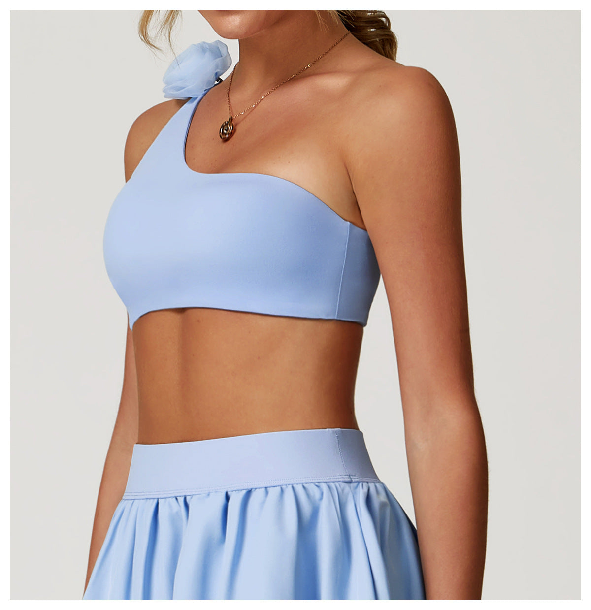One shoulder flower applique bra