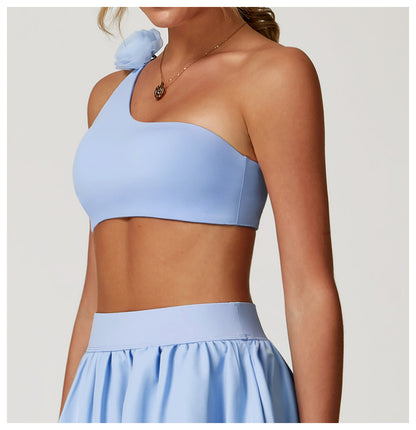 One shoulder flower applique bra