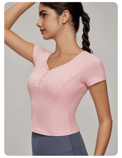 Short sleeve button front top