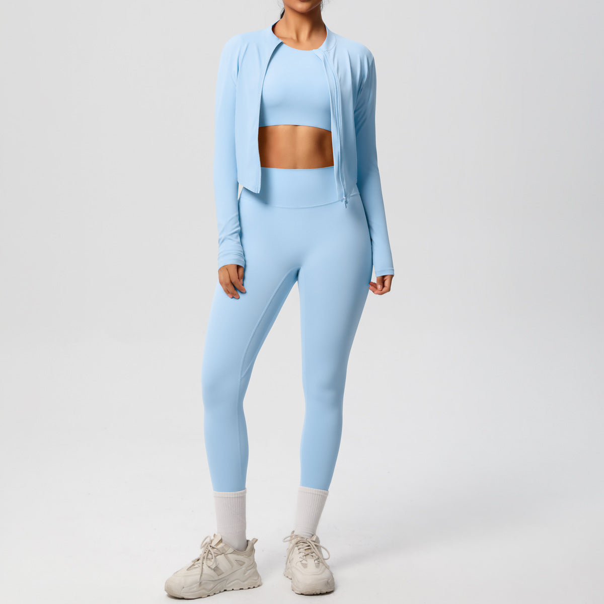 Skinny Yoga Pants High Waist Nude Feel Sports Zip Long Sleeve Coat Workout Clothes Yoga Three Piece Set