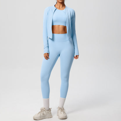 Skinny Yoga Pants High Waist Nude Feel Sports Zip Long Sleeve Coat Workout Clothes Yoga Three Piece Set