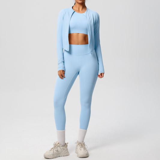 Skinny Yoga Pants High Waist Nude Feel Sports Zip Long Sleeve Coat Workout Clothes Yoga Three Piece Set
