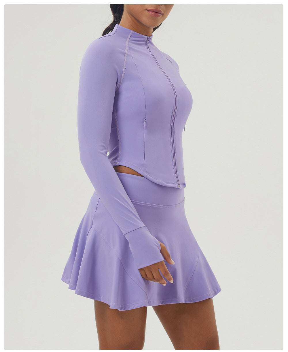 Sports Tennis Skirt Set Women Pocket Zipper Jacket Yoga Clothes High Elastic Casual Culottes Two Piece Set