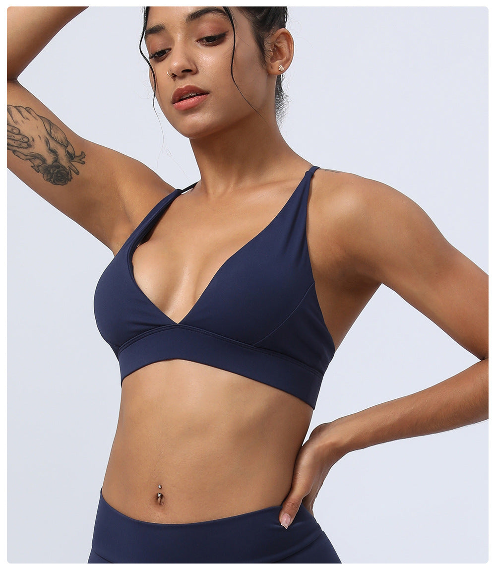V neck cross back sports bra