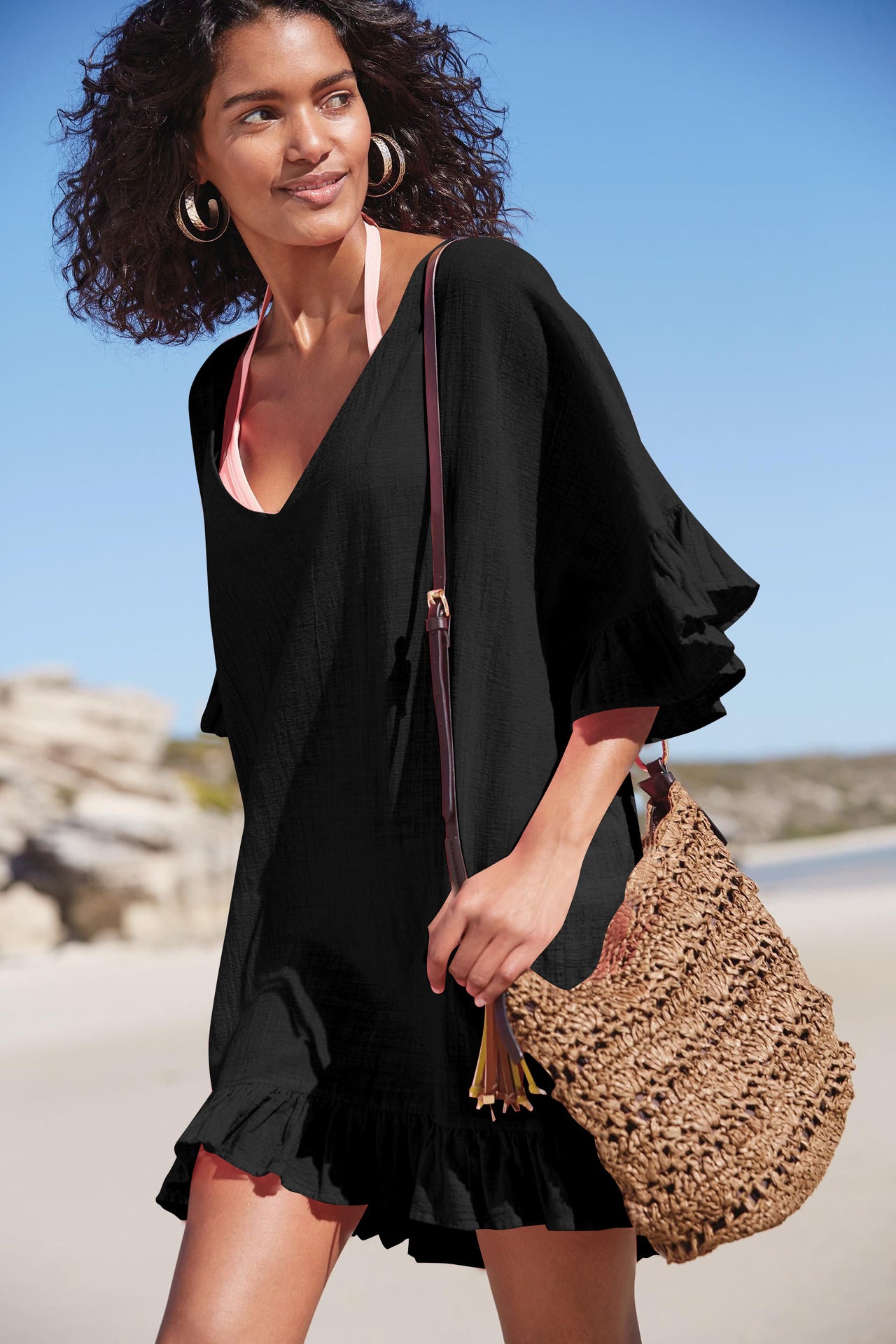 Slub Cotton V Neck beach cover up