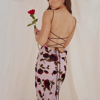 Printed backless mesh dress