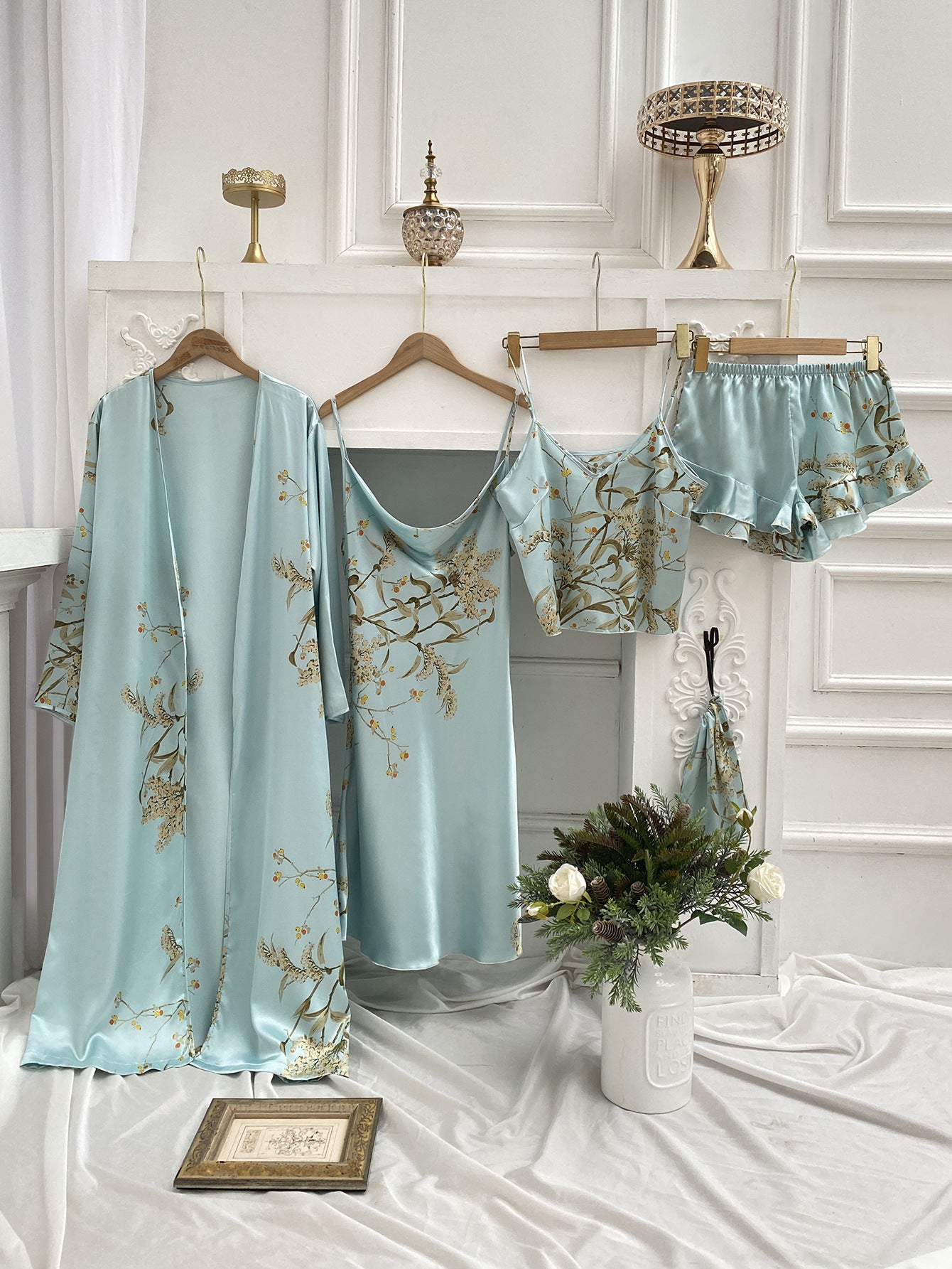 Four piece printed satin loungewear set