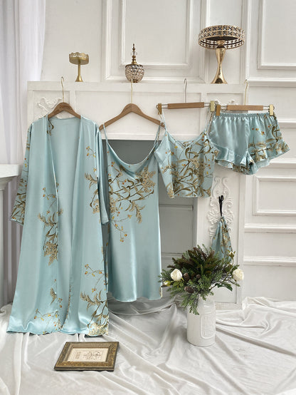Four piece printed satin loungewear set